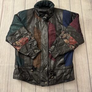 Vintage Pelle Jacket Women's S Leather Mixed Fabric Abstract Patchwork Coat 90s